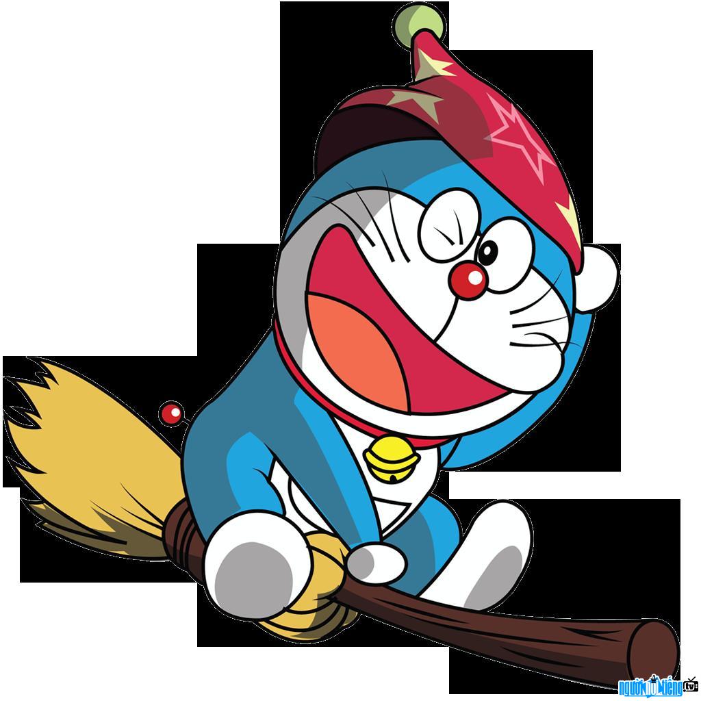 Hình ảnh Doraemon đang cưỡi chiếc chổi thần