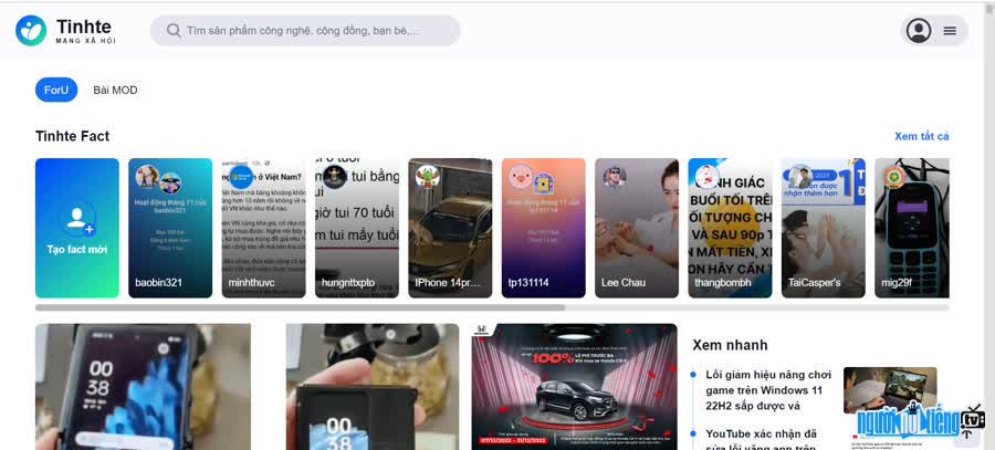 The interface of the website Tinhte.vn