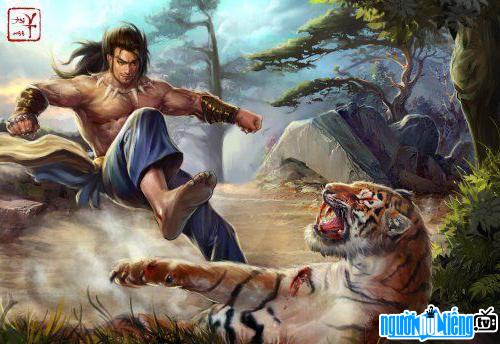 Hình ảnh bức tranh phác họa Phùng Hưng đang chiến đấu với hổ dữ