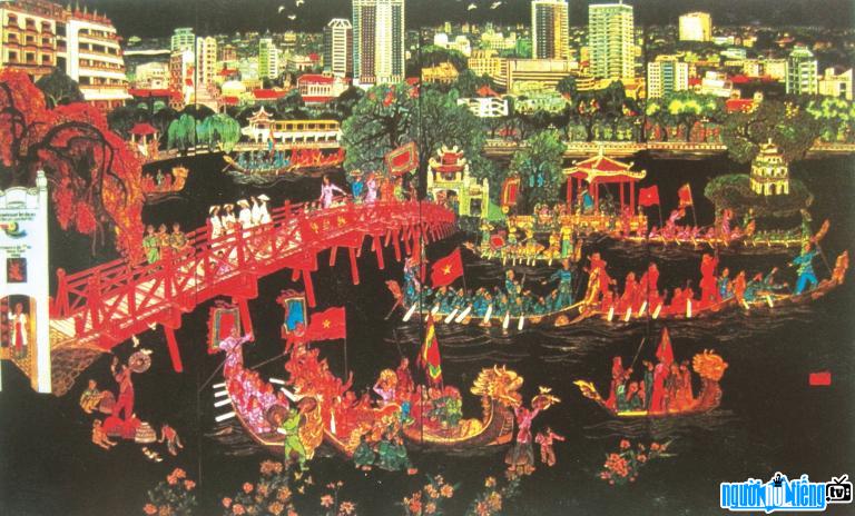  Lacquer painting "Morning in Thai village" by artist Tran Huu Chat