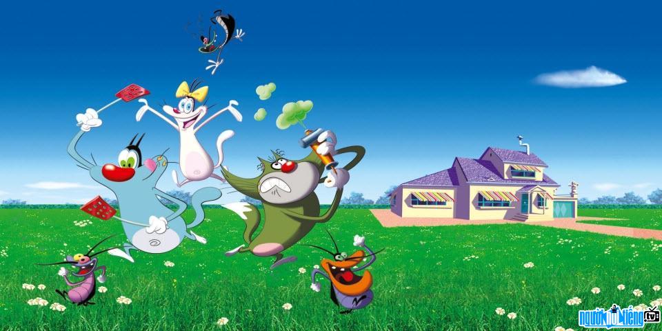 Oggy Cat and the characters from the cartoon "Oggy Cat and the mischievous cockroaches"