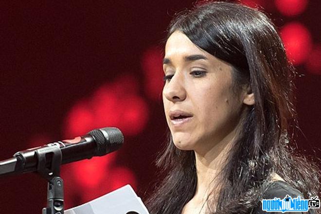Image of an activist Human rights activist Nadia Murad speaking at an event